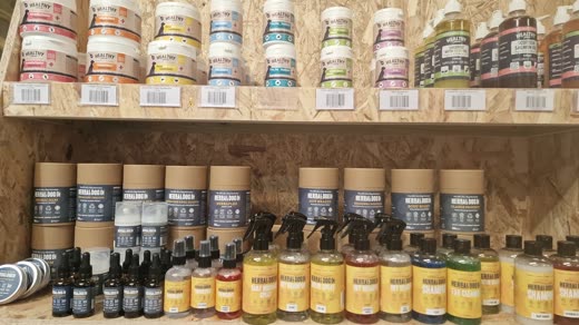 Shelving of pet health supplements, tubs, bottles and jars