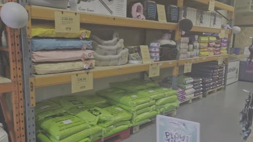 Shelving stacked with pet beds and cushions above bright green bags of bedding